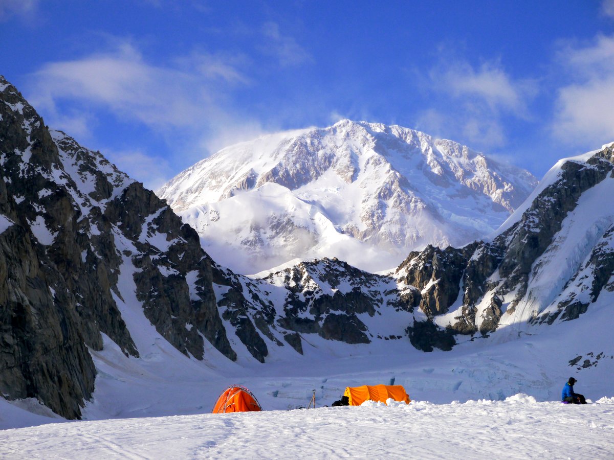 Denali’s West Rib (center left) and Cassin Ridge (center right) from Kahiltna base camp. On the left is the lower part of the E ridge of Mt Frances.