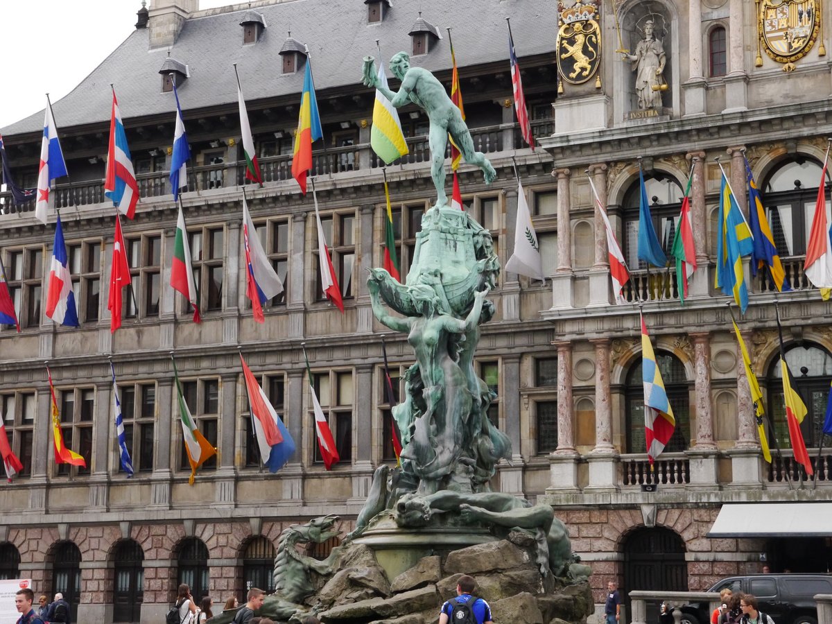 Brabo and Antigoon fountain in front of the town hall, Antwerp. Inspiration for Alex's next synchronized swimminmg routine? But they'd have to leave out Antigoon's severed hand.