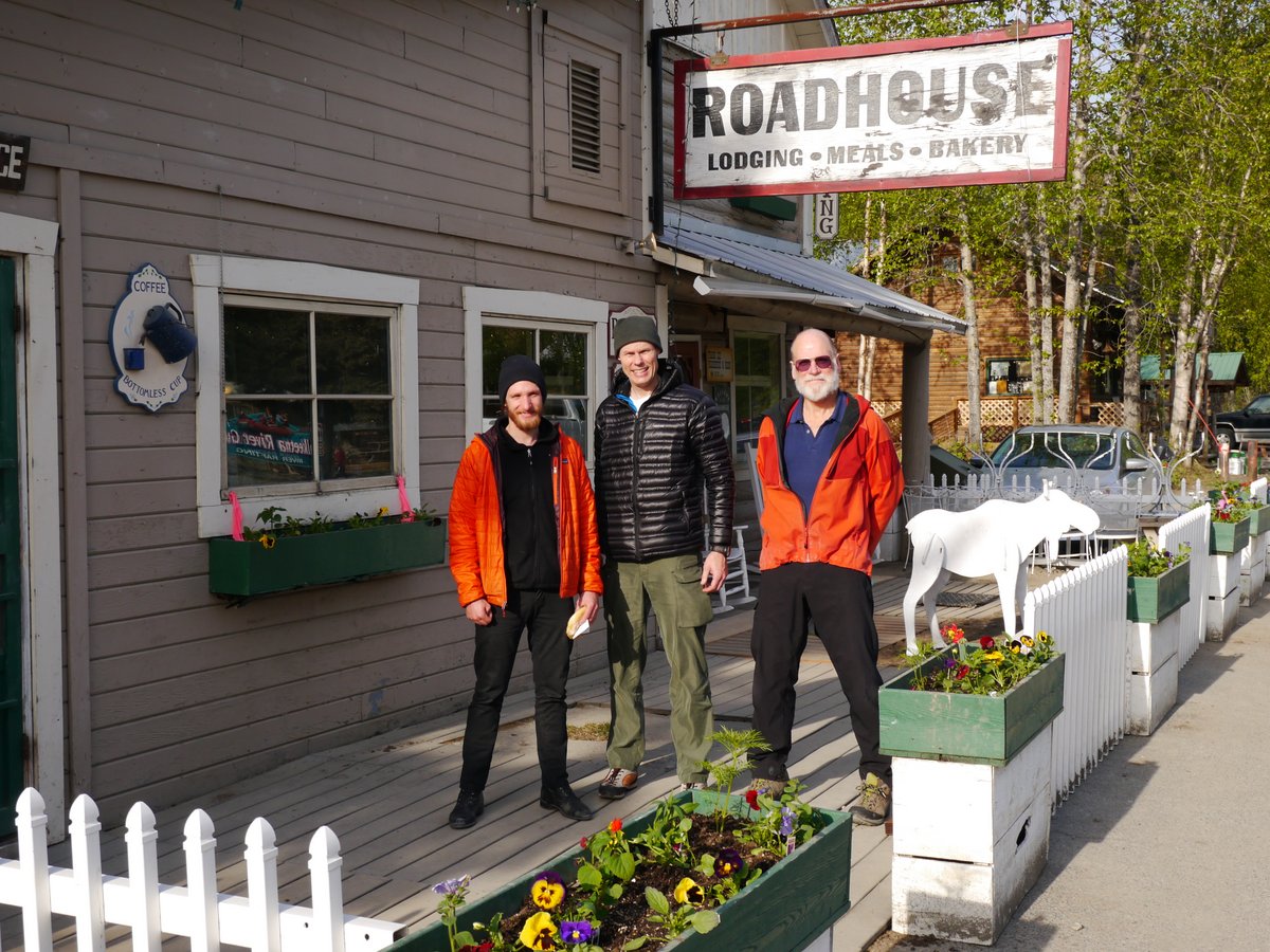 Billy Clapp, Steve Towne and Bill McConachie at the Roadhouse in Talkeetna, AK, the town’s obligatory breakfast venue. We arrived in Talkeetna in the middle of the night after a surreal experience with our minivan driver. He took a wrong turn onto a dead-end street, then spent a futile 20 minutes trying to back up with a trailer attached. Eventually we realized he didn’t know how to do that and we had to push it by hand.