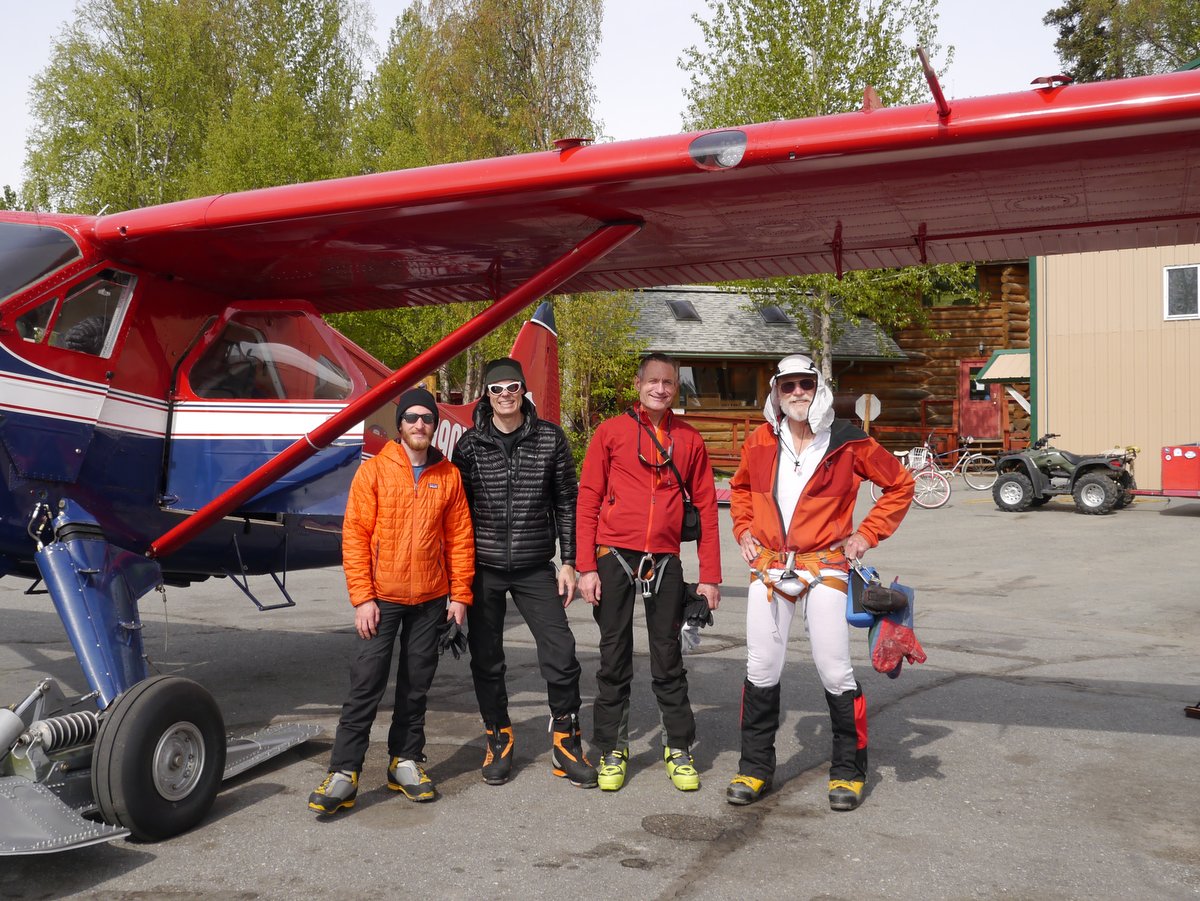 All the latest trends in climbing fashion on display at the airstrip in Talkeetna, AK.