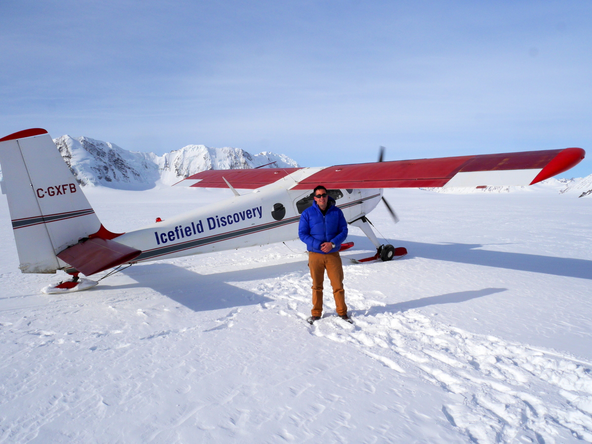 Tom Bradley, pilot for Icefield Discovery, at 9,000' on the Quintino Sella Glacier. (Long-time pliot Andy Williams has now retired from flying). The flight to the glacier took about an hour.